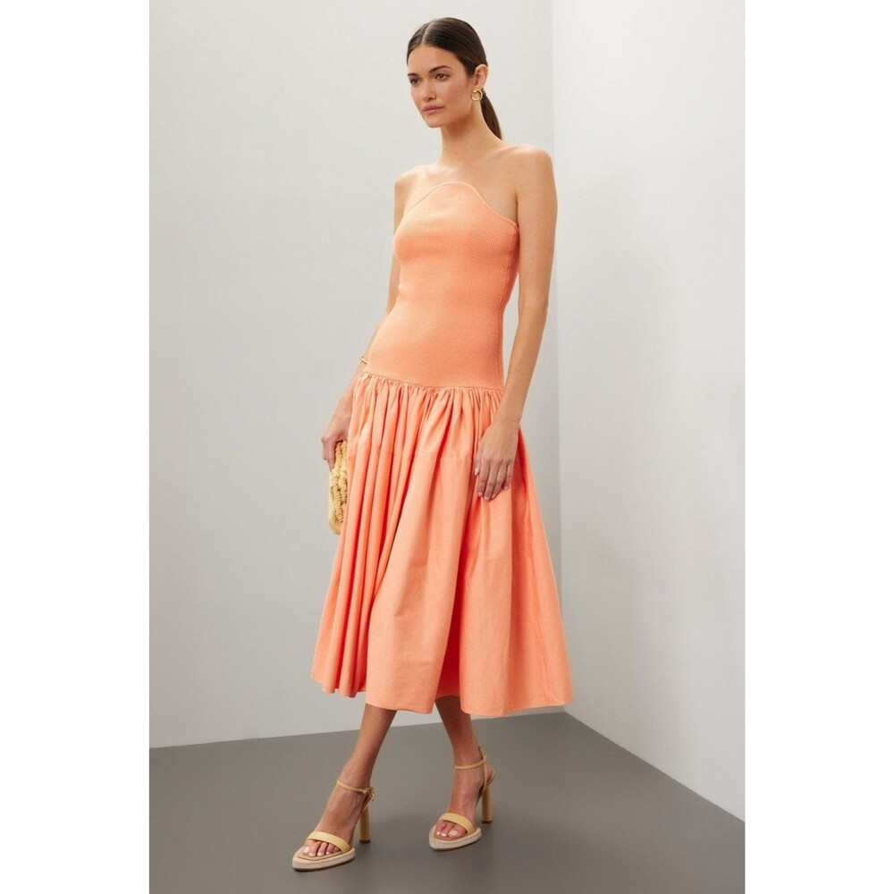 Alexis Kamali Strapless Drop-Waist Midi Dress Coral Orange Women's Size Small